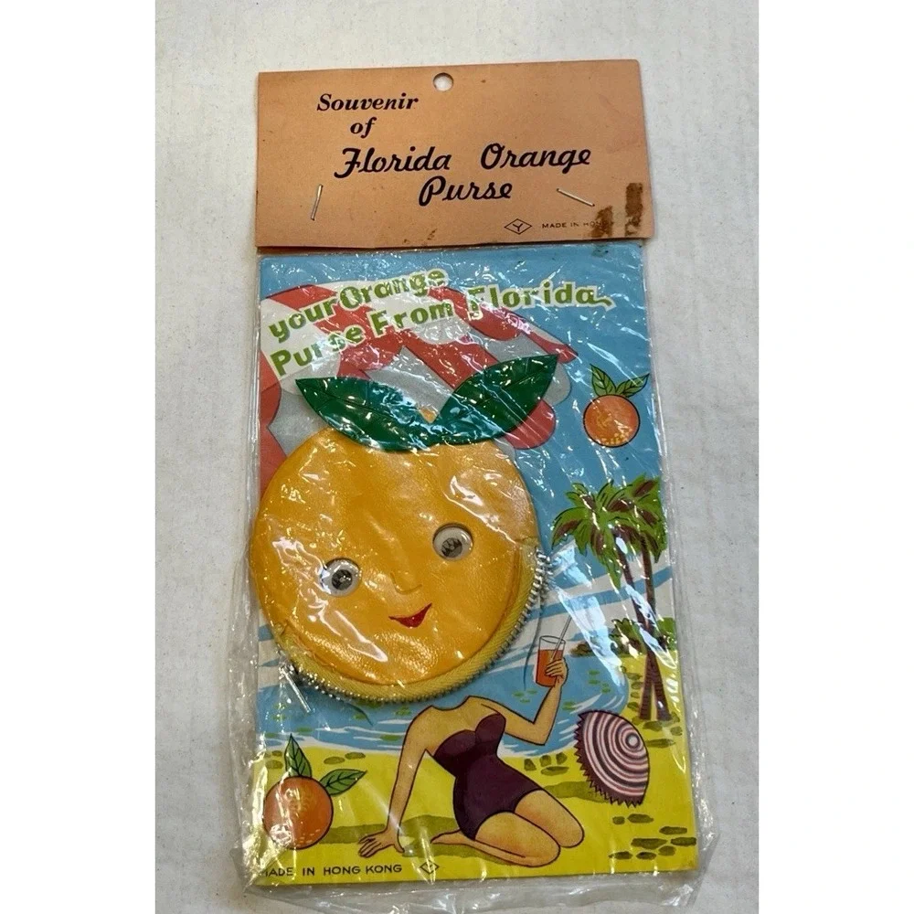 Vintage Florida Orange Coin,Pouch ,Purse Souvenir Googly Eyes Hong Kong